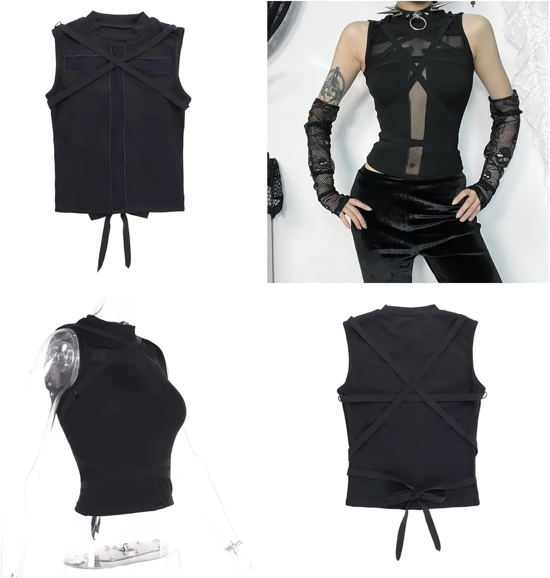 Women Gothic Sleeveless Black Mesh Crop Shirt Fairy Grunge Tank Corset Top Mock Neck