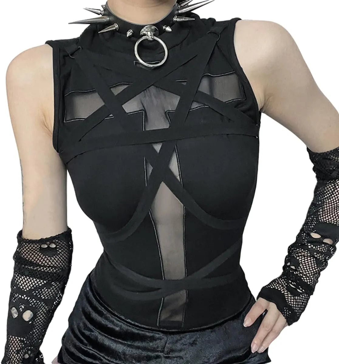 Women Gothic Sleeveless Black Mesh Crop Shirt Fairy Grunge Tank Corset Top Mock Neck