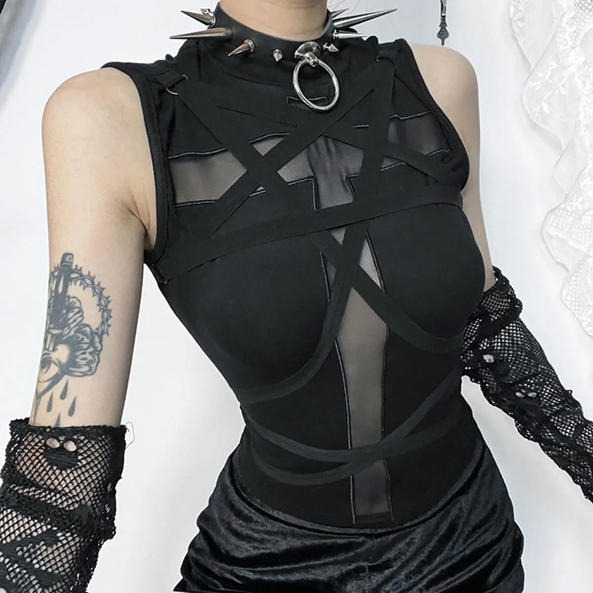Women Gothic Sleeveless Black Mesh Crop Shirt Fairy Grunge Tank Corset Top Mock Neck