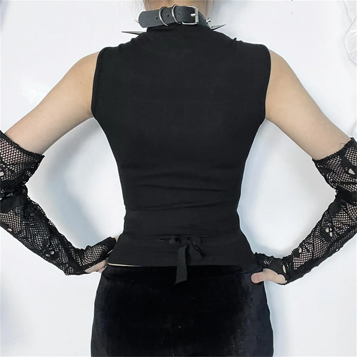 Women Gothic Sleeveless Black Mesh Crop Shirt Fairy Grunge Tank Corset Top Mock Neck