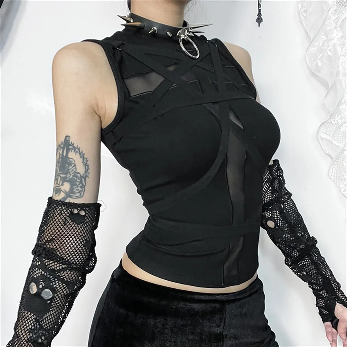 Women Gothic Sleeveless Black Mesh Crop Shirt Fairy Grunge Tank Corset Top Mock Neck