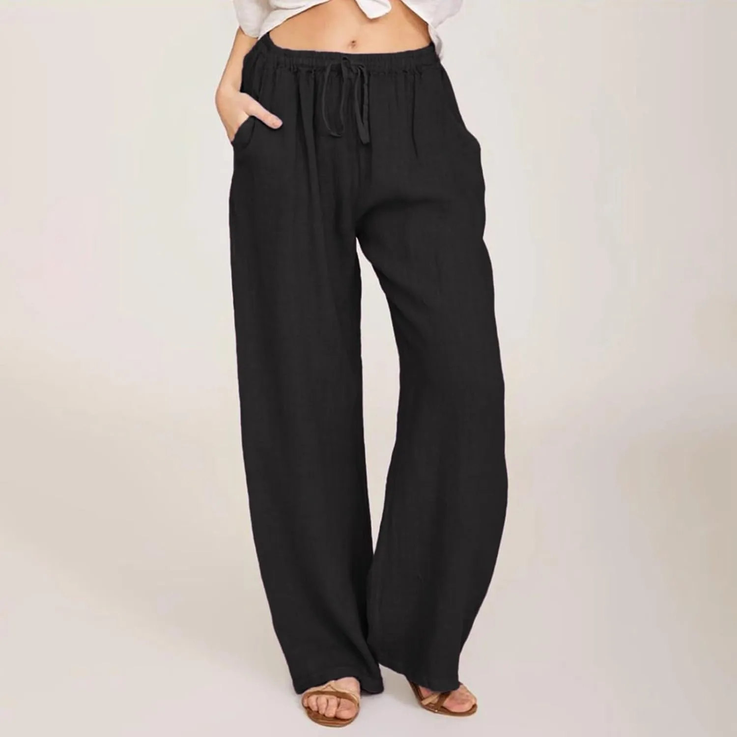 Women High Waist Casual Wide Leg Long Linen Palazzo Pants Trousers Summer Boho Wide Leg Casual Lounge Pants Trendy