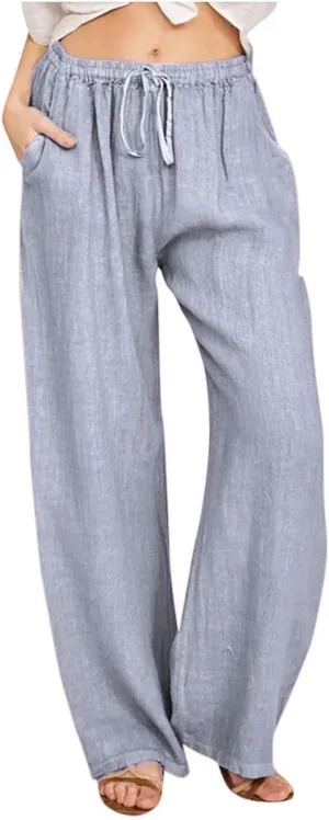 Women High Waist Casual Wide Leg Long Linen Palazzo Pants Trousers Summer Boho Wide Leg Casual Lounge Pants Trendy