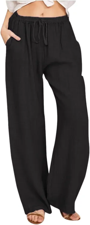 Women High Waist Casual Wide Leg Long Linen Palazzo Pants Trousers Summer Boho Wide Leg Casual Lounge Pants Trendy