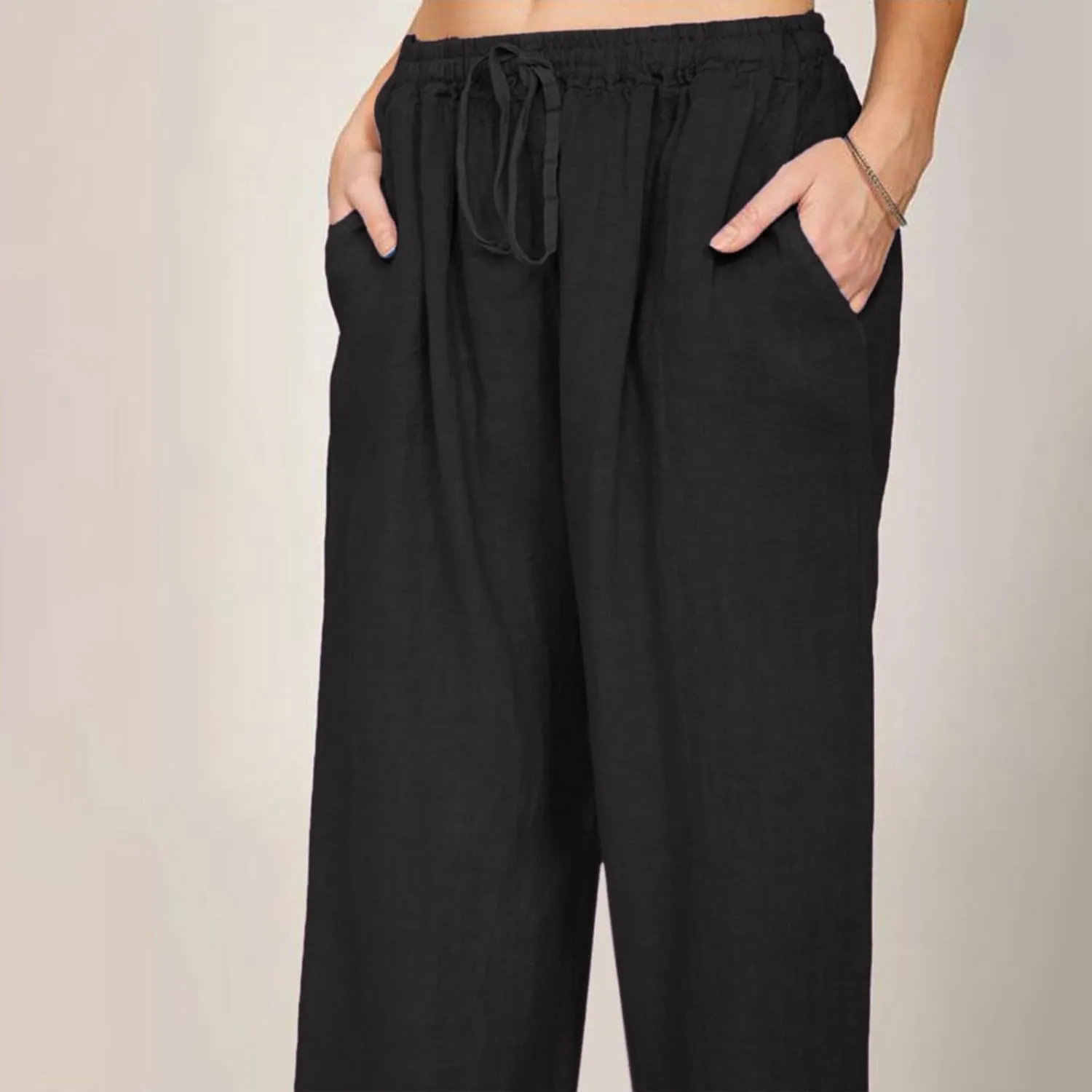 Women High Waist Casual Wide Leg Long Linen Palazzo Pants Trousers Summer Boho Wide Leg Casual Lounge Pants Trendy