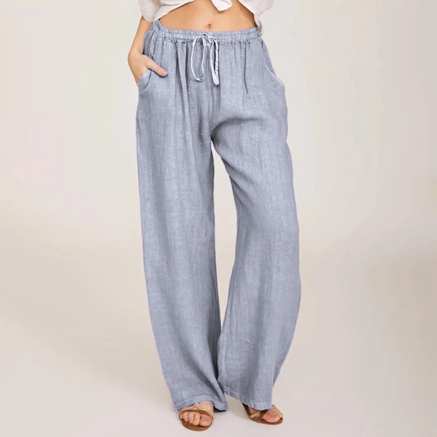 Women High Waist Casual Wide Leg Long Linen Palazzo Pants Trousers Summer Boho Wide Leg Casual Lounge Pants Trendy