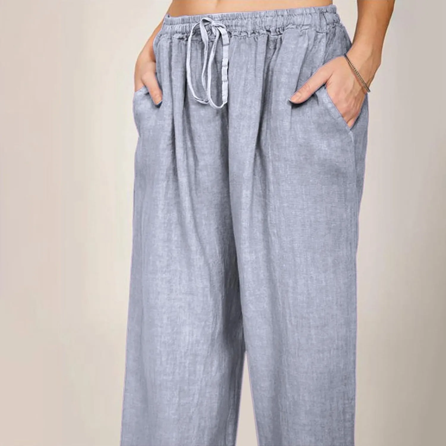 Women High Waist Casual Wide Leg Long Linen Palazzo Pants Trousers Summer Boho Wide Leg Casual Lounge Pants Trendy