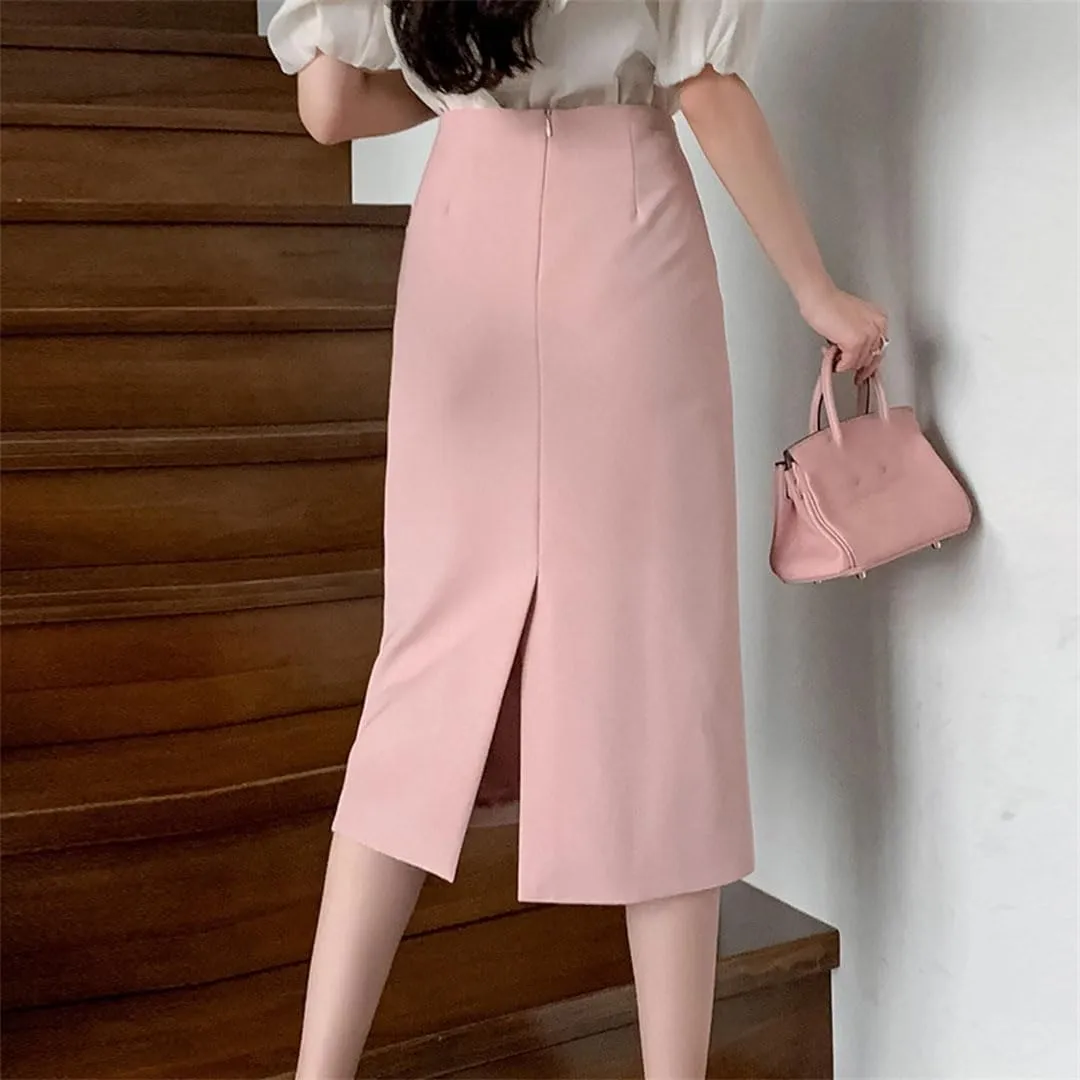 Women High Waist Straight Skirts Office Lady Slit Mid-Length Pencil Skirts