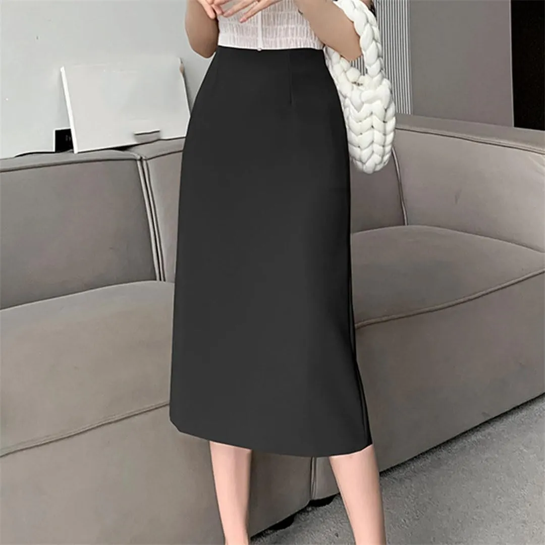 Women High Waist Straight Skirts Office Lady Slit Mid-Length Pencil Skirts