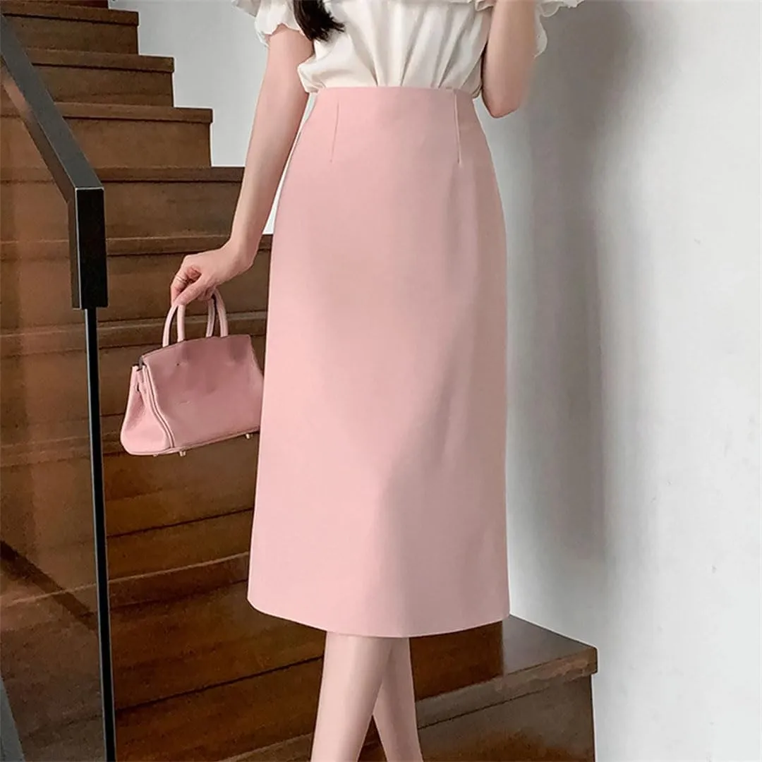 Women High Waist Straight Skirts Office Lady Slit Mid-Length Pencil Skirts