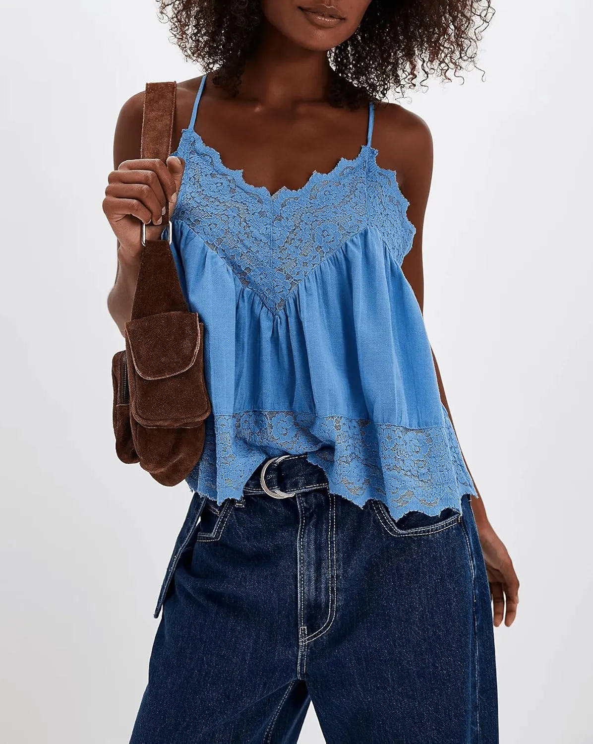 Women Lace Flowy Cami Top Spaghetti Strap V Neck Peplum Tank Top Boho Sheer Camisole Going Out