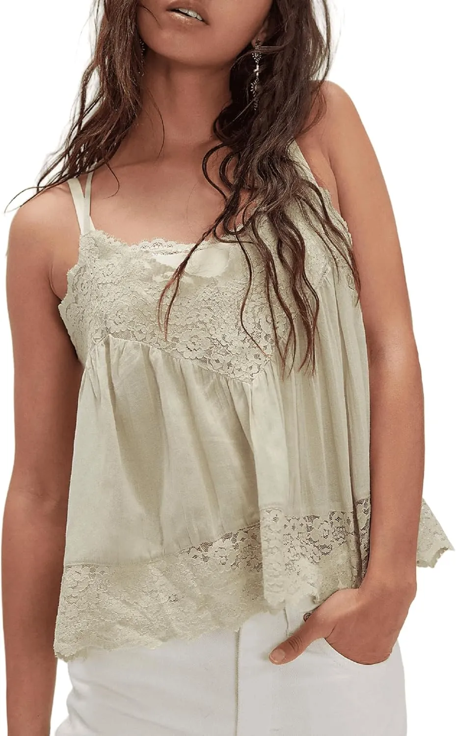 Women Lace Flowy Cami Top Spaghetti Strap V Neck Peplum Tank Top Boho Sheer Camisole Going Out