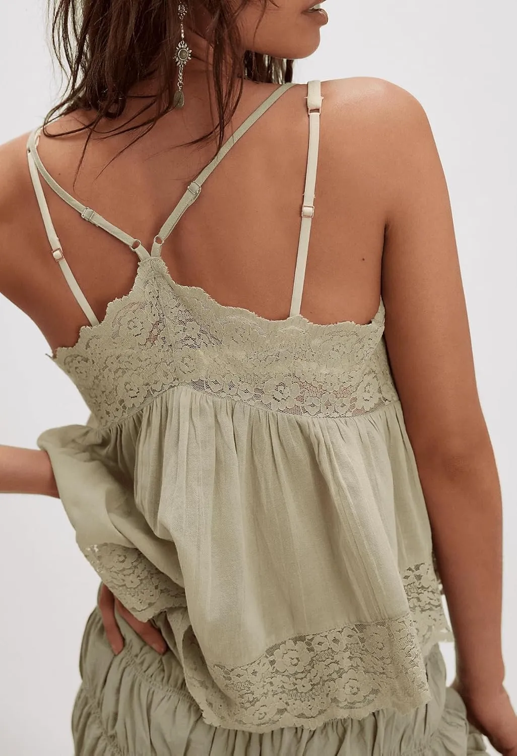 Women Lace Flowy Cami Top Spaghetti Strap V Neck Peplum Tank Top Boho Sheer Camisole Going Out