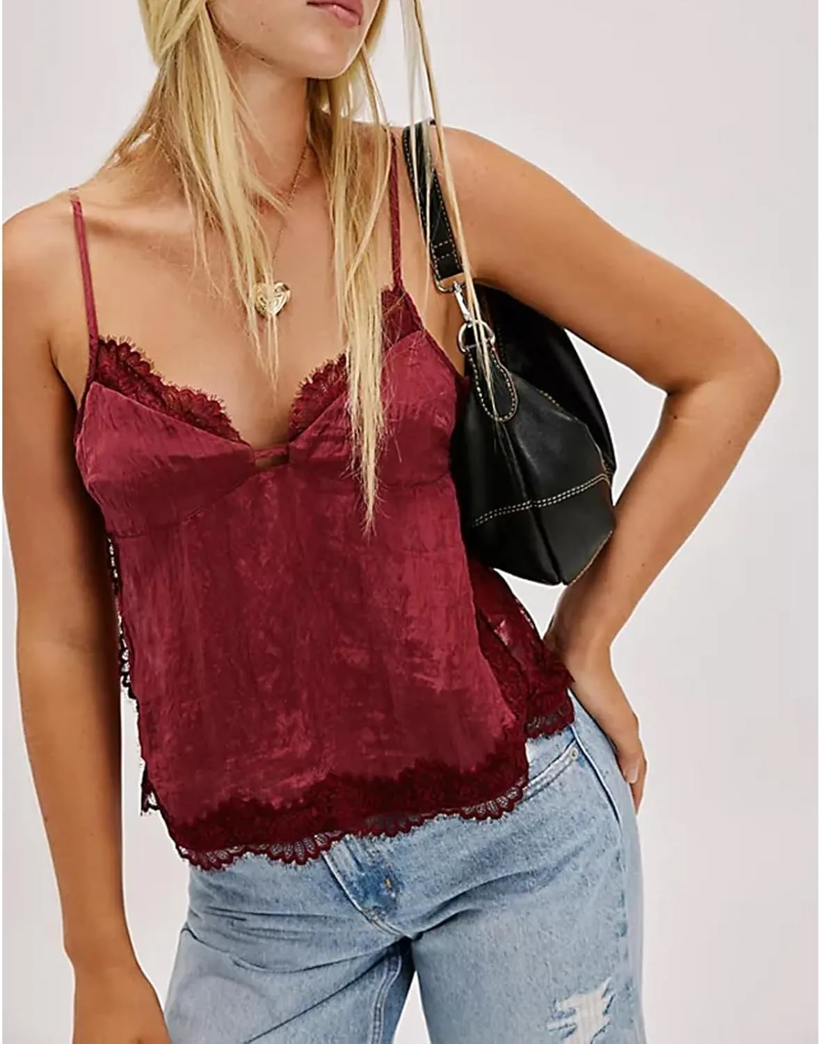 Women Lace Trim Vest Tank Tops Sleeveless Spaghetti Strap Crop Tops Y2K Backless Crop Camisoles Cute Going Out Cami