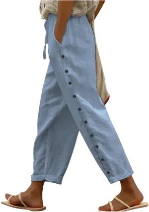 Women Linen Pants Summer High Waist Elastic Straight Leg Lounge Pant Casual Loose Lightweight Beach Cropped Trousers