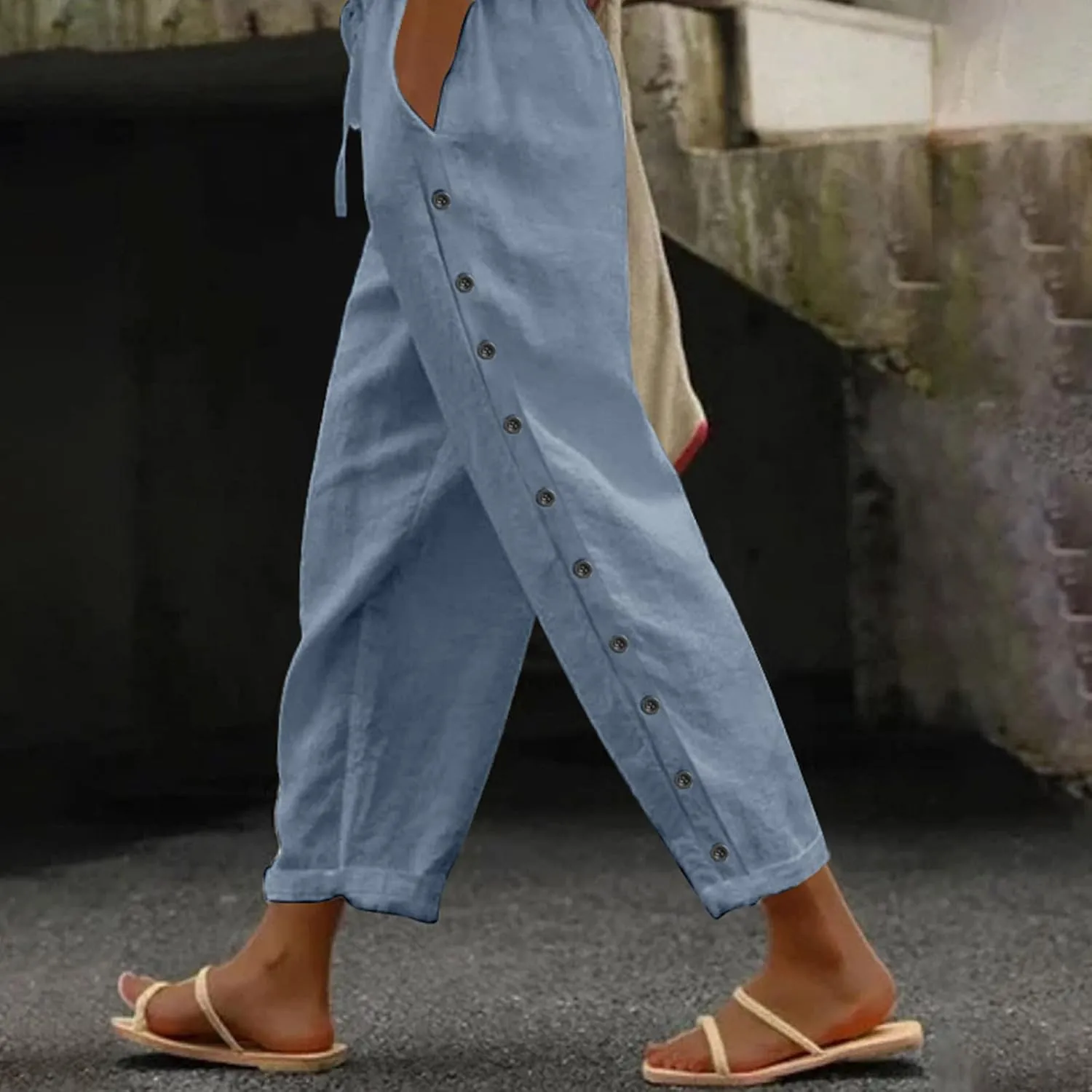 Women Linen Pants Summer High Waist Elastic Straight Leg Lounge Pant Casual Loose Lightweight Beach Cropped Trousers