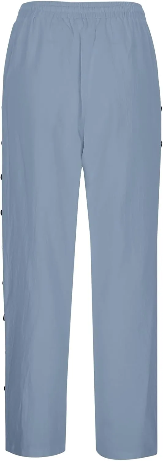 Women Linen Pants Summer High Waist Elastic Straight Leg Lounge Pant Casual Loose Lightweight Beach Cropped Trousers