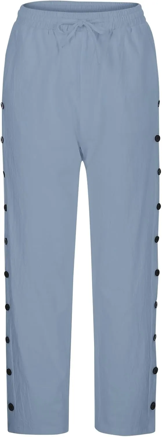 Women Linen Pants Summer High Waist Elastic Straight Leg Lounge Pant Casual Loose Lightweight Beach Cropped Trousers