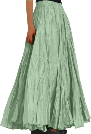 Women Maxi Skirt High Elastic Waist A Line Long Skirt Summer Casual Ruffle Pleated Midi Dress Vintage Wrap Loose