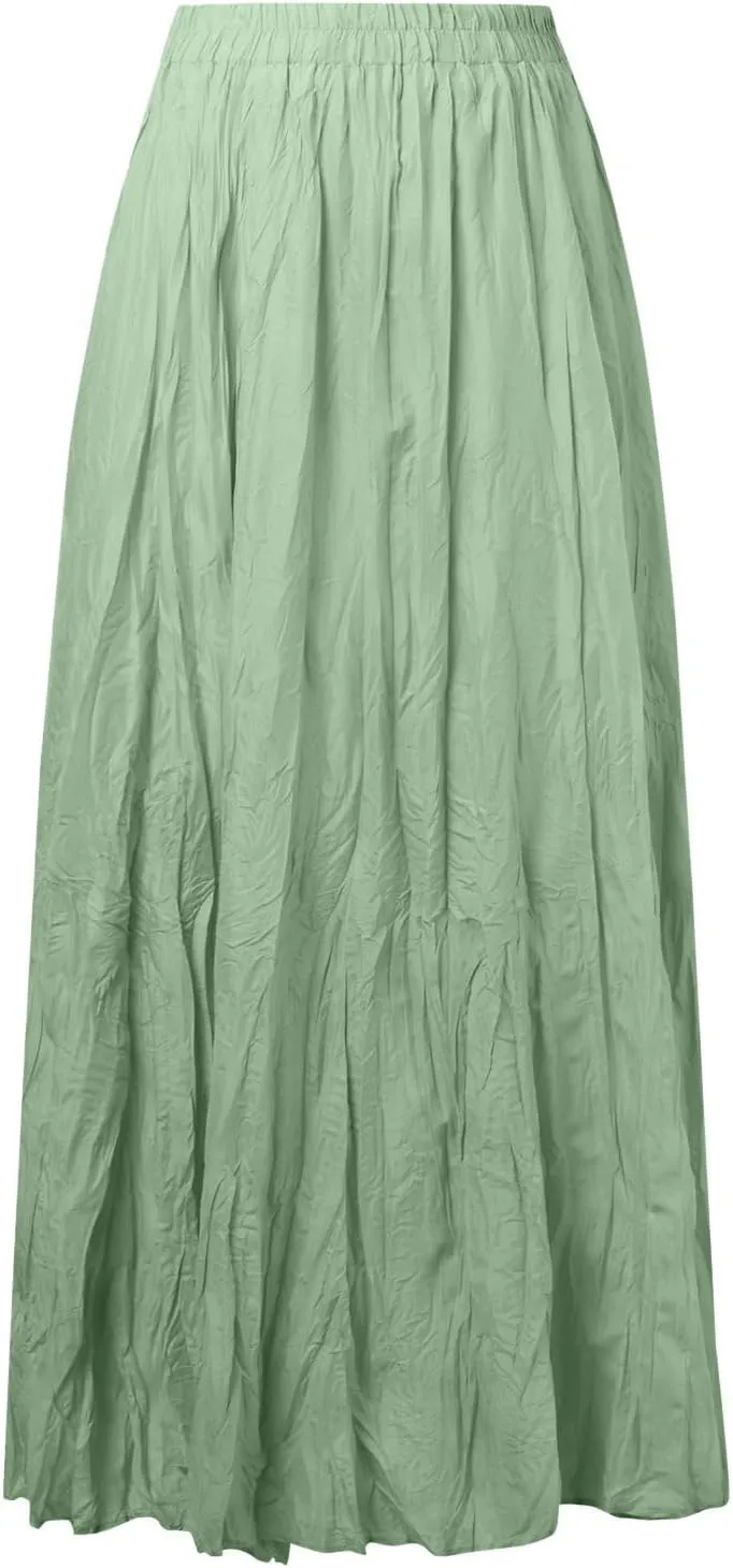 Women Maxi Skirt High Elastic Waist A Line Long Skirt Summer Casual Ruffle Pleated Midi Dress Vintage Wrap Loose