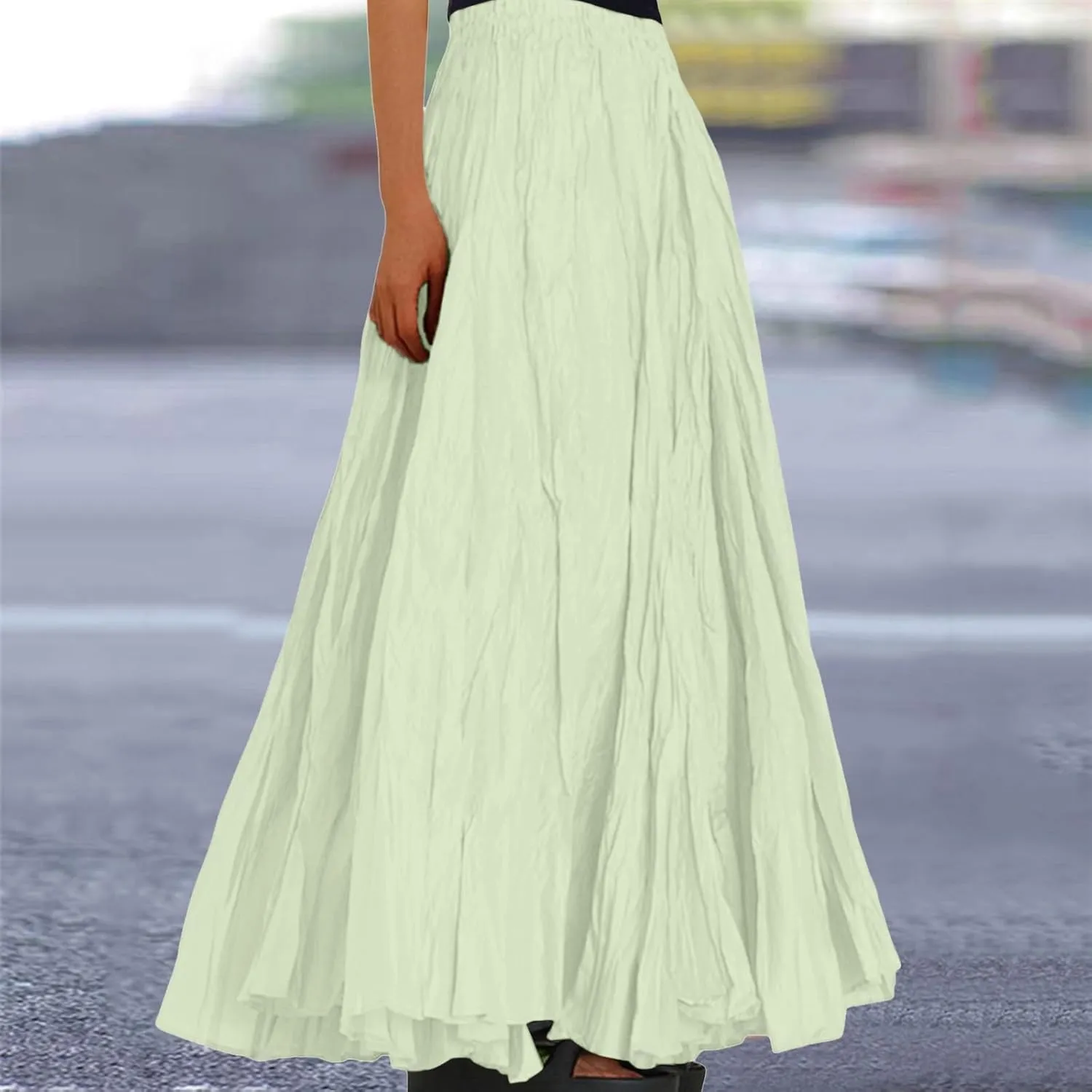 Women Maxi Skirt High Elastic Waist A Line Long Skirt Summer Casual Ruffle Pleated Midi Dress Vintage Wrap Loose