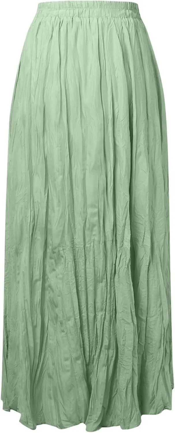 Women Maxi Skirt High Elastic Waist A Line Long Skirt Summer Casual Ruffle Pleated Midi Dress Vintage Wrap Loose