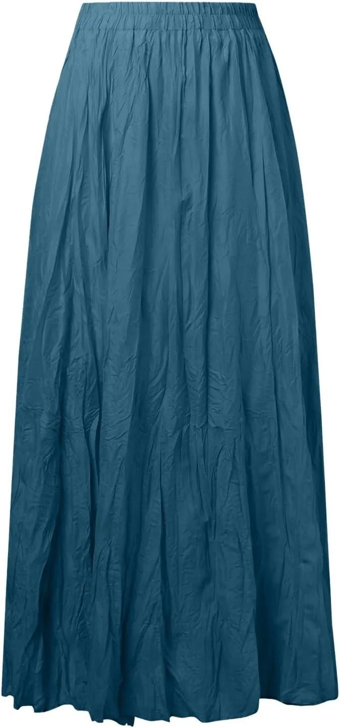 Women Maxi Skirt High Elastic Waist A Line Long Skirt Summer Casual Ruffle Pleated Midi Dress Vintage Wrap Loose
