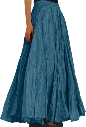 Women Maxi Skirt High Elastic Waist A Line Long Skirt Summer Casual Ruffle Pleated Midi Dress Vintage Wrap Loose