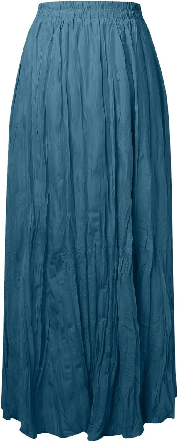 Women Maxi Skirt High Elastic Waist A Line Long Skirt Summer Casual Ruffle Pleated Midi Dress Vintage Wrap Loose