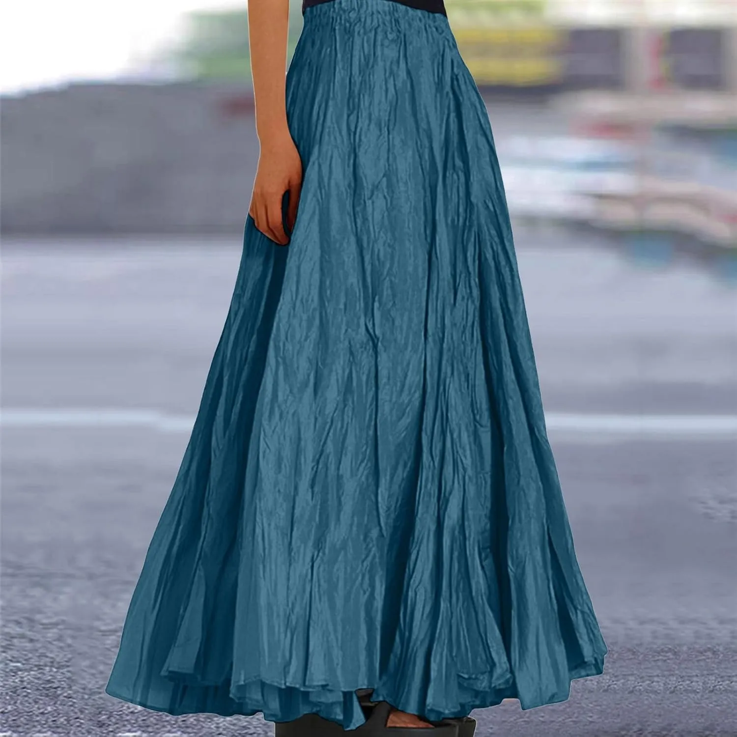 Women Maxi Skirt High Elastic Waist A Line Long Skirt Summer Casual Ruffle Pleated Midi Dress Vintage Wrap Loose