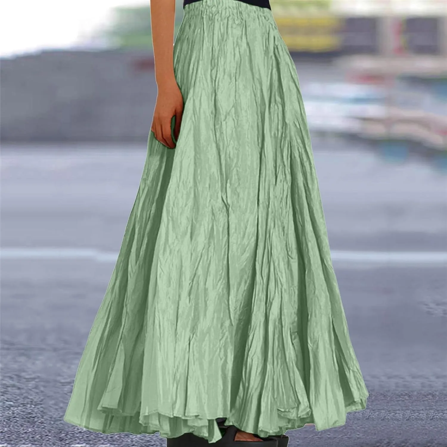 Women Maxi Skirt High Elastic Waist A Line Long Skirt Summer Casual Ruffle Pleated Midi Dress Vintage Wrap Loose