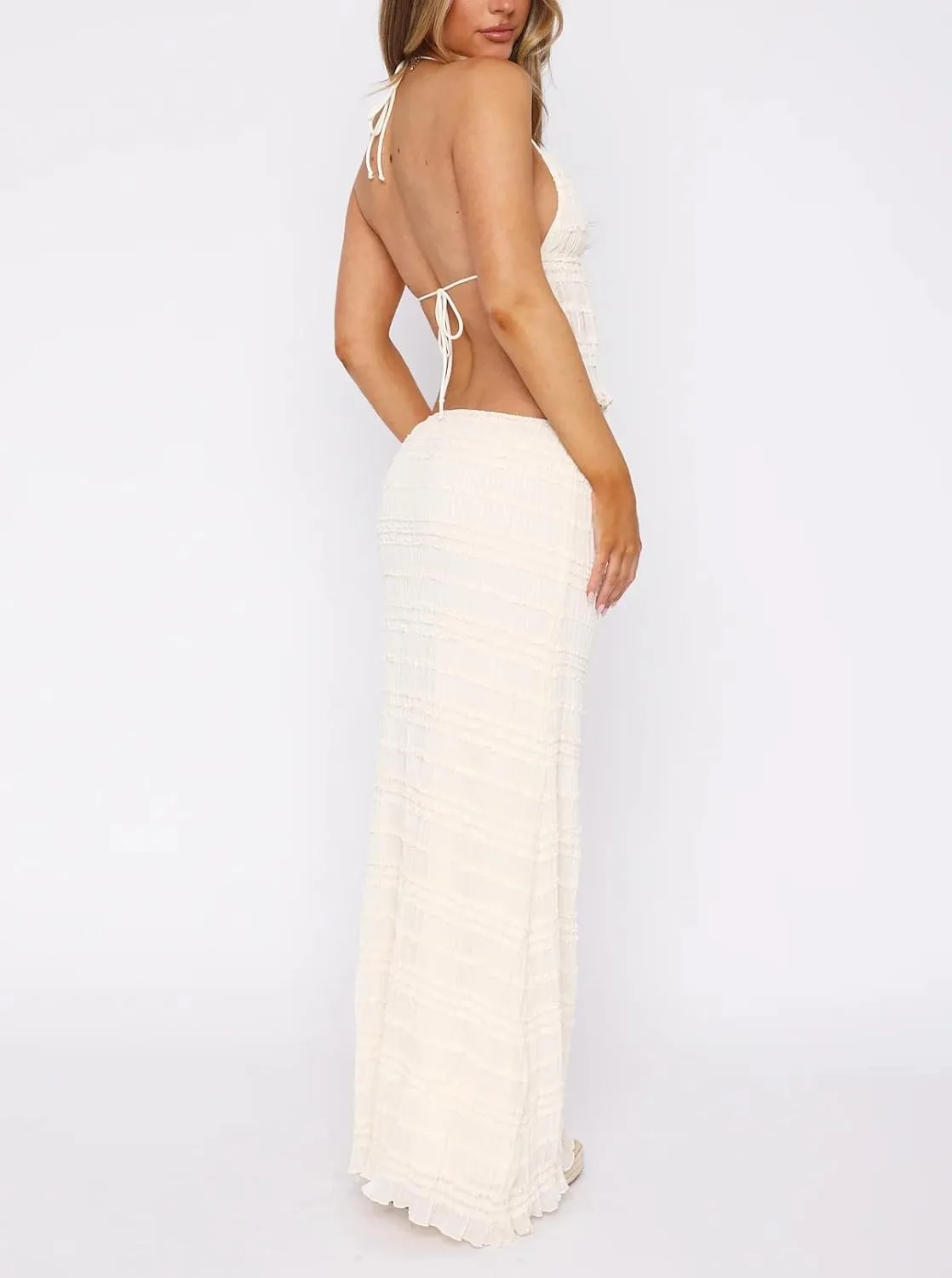 Women Maxi Skirt Set Y2k Sleeveless Backless Halter Top   Drawstring Bodycon Long Skirt Summer 2 Piece Skirt Outfits