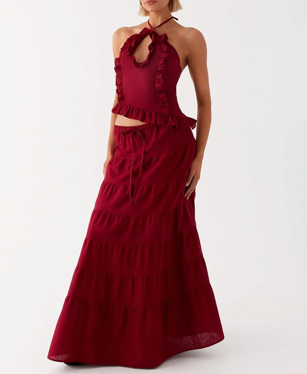 Women Maxi Skirt Set Y2k Sleeveless Backless Halter Top   Drawstring Bodycon Long Skirt Summer 2 Piece Skirt Outfits