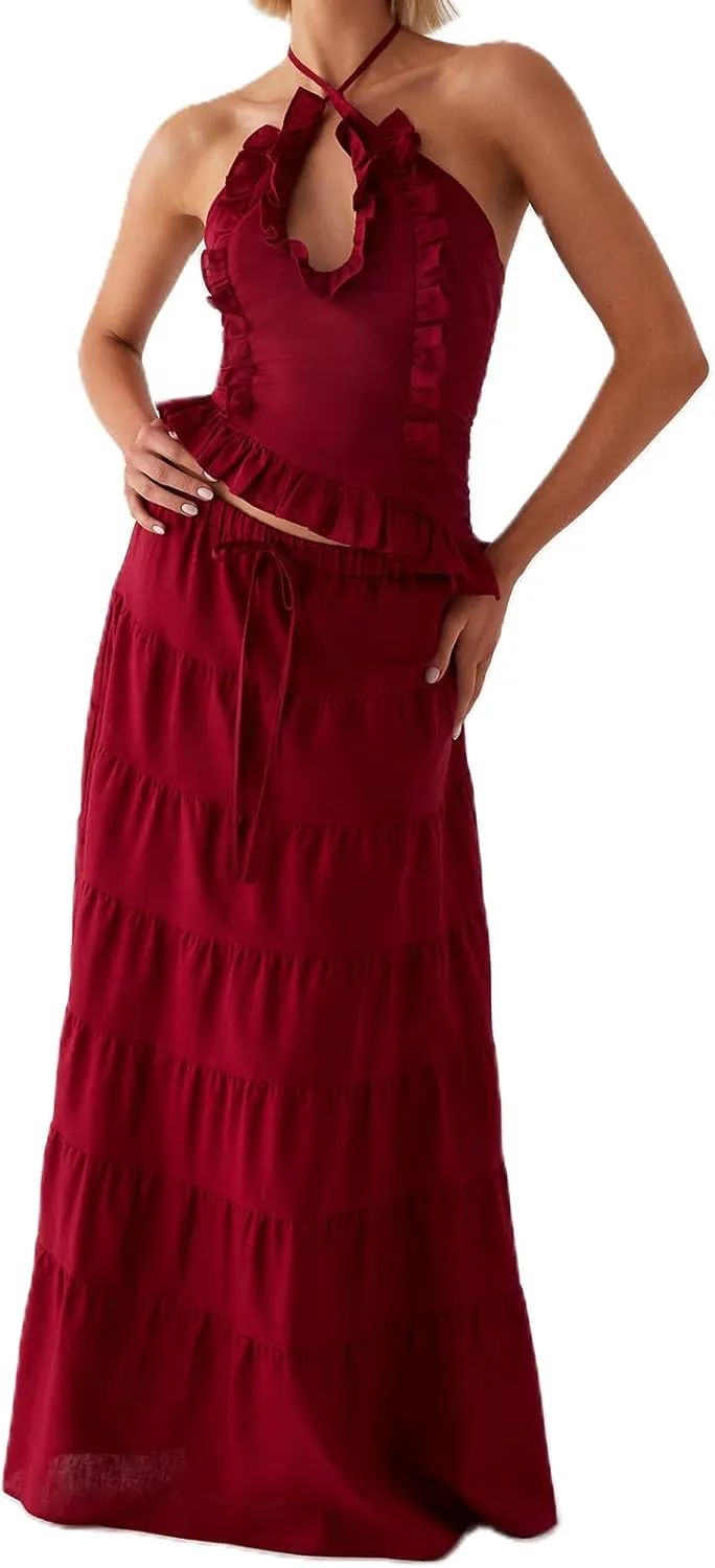 Women Maxi Skirt Set Y2k Sleeveless Backless Halter Top   Drawstring Bodycon Long Skirt Summer 2 Piece Skirt Outfits