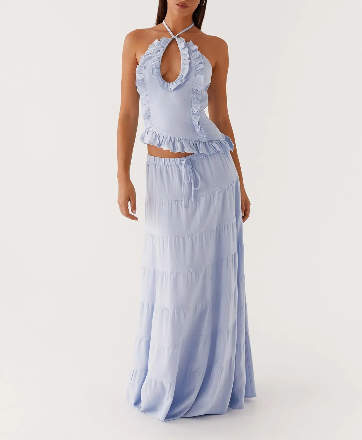 Women Maxi Skirt Set Y2k Sleeveless Backless Halter Top   Drawstring Bodycon Long Skirt Summer 2 Piece Skirt Outfits