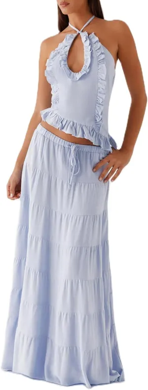 Women Maxi Skirt Set Y2k Sleeveless Backless Halter Top   Drawstring Bodycon Long Skirt Summer 2 Piece Skirt Outfits