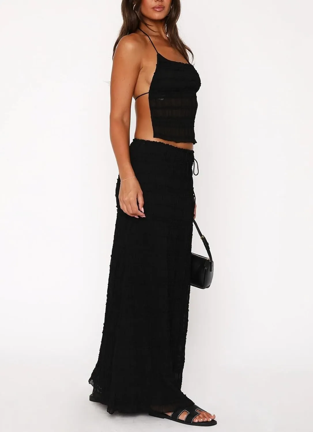 Women Maxi Skirt Set Y2k Sleeveless Backless Halter Top   Drawstring Bodycon Long Skirt Summer 2 Piece Skirt Outfits
