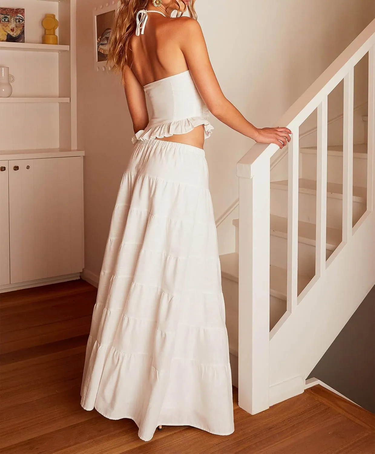 Women Maxi Skirt Set Y2k Sleeveless Backless Halter Top   Drawstring Bodycon Long Skirt Summer 2 Piece Skirt Outfits