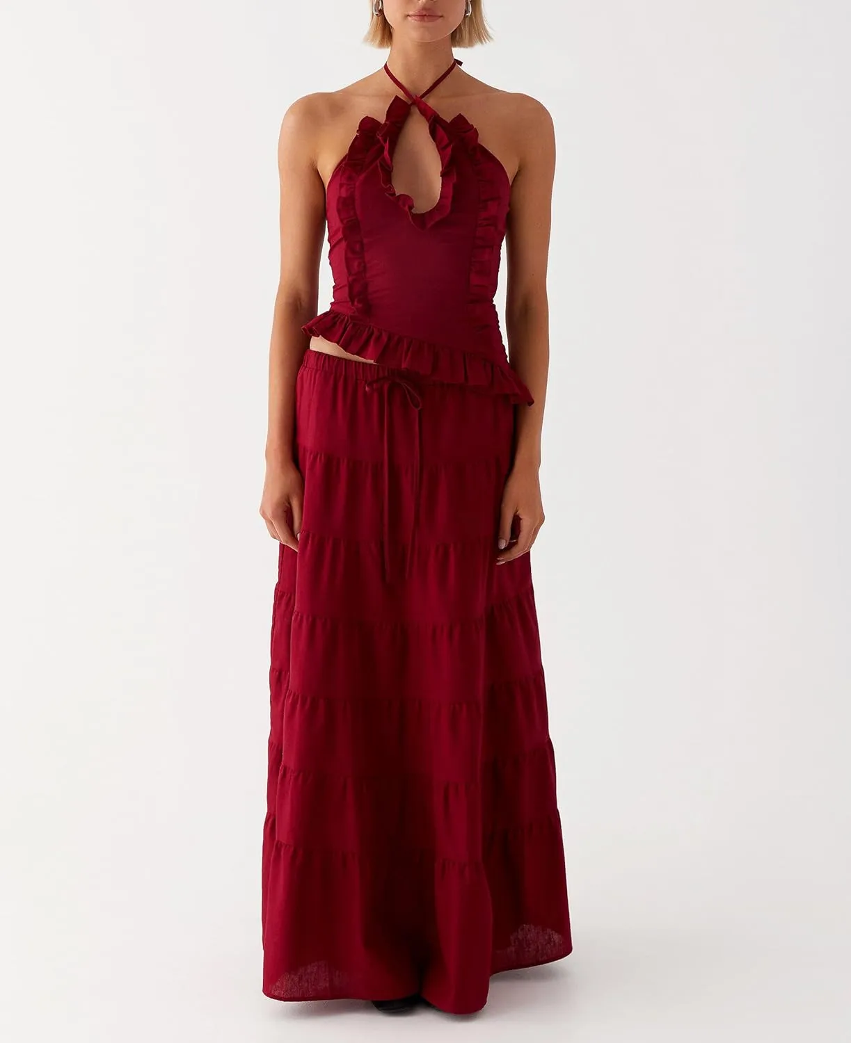 Women Maxi Skirt Set Y2k Sleeveless Backless Halter Top   Drawstring Bodycon Long Skirt Summer 2 Piece Skirt Outfits