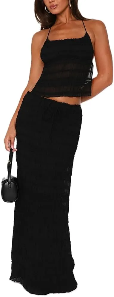 Women Maxi Skirt Set Y2k Sleeveless Backless Halter Top   Drawstring Bodycon Long Skirt Summer 2 Piece Skirt Outfits