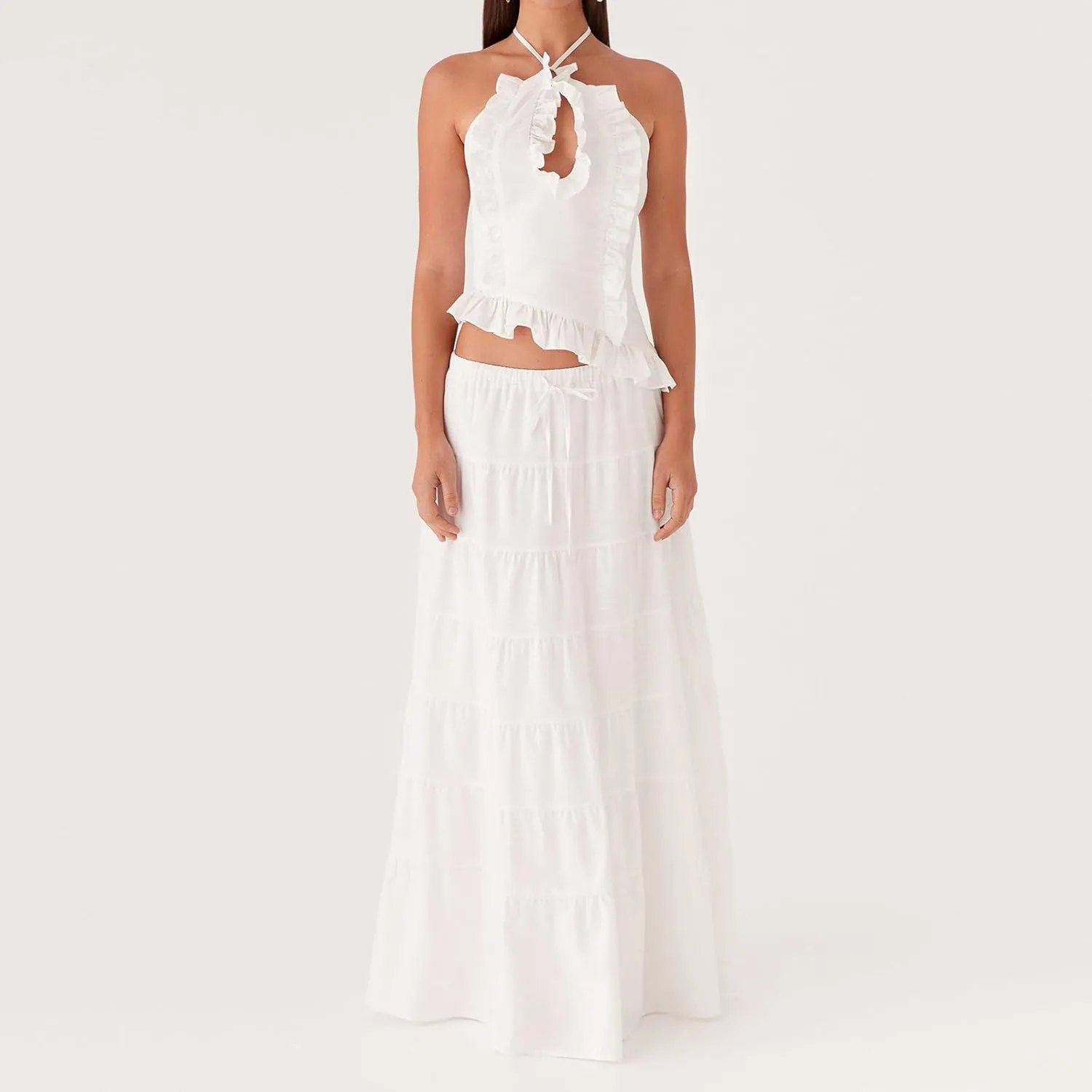 Women Maxi Skirt Set Y2k Sleeveless Backless Halter Top   Drawstring Bodycon Long Skirt Summer 2 Piece Skirt Outfits