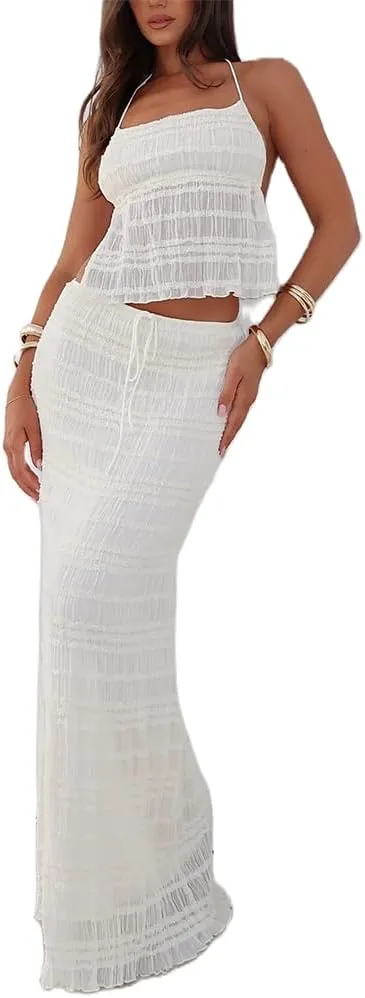 Women Maxi Skirt Set Y2k Sleeveless Backless Halter Top   Drawstring Bodycon Long Skirt Summer 2 Piece Skirt Outfits