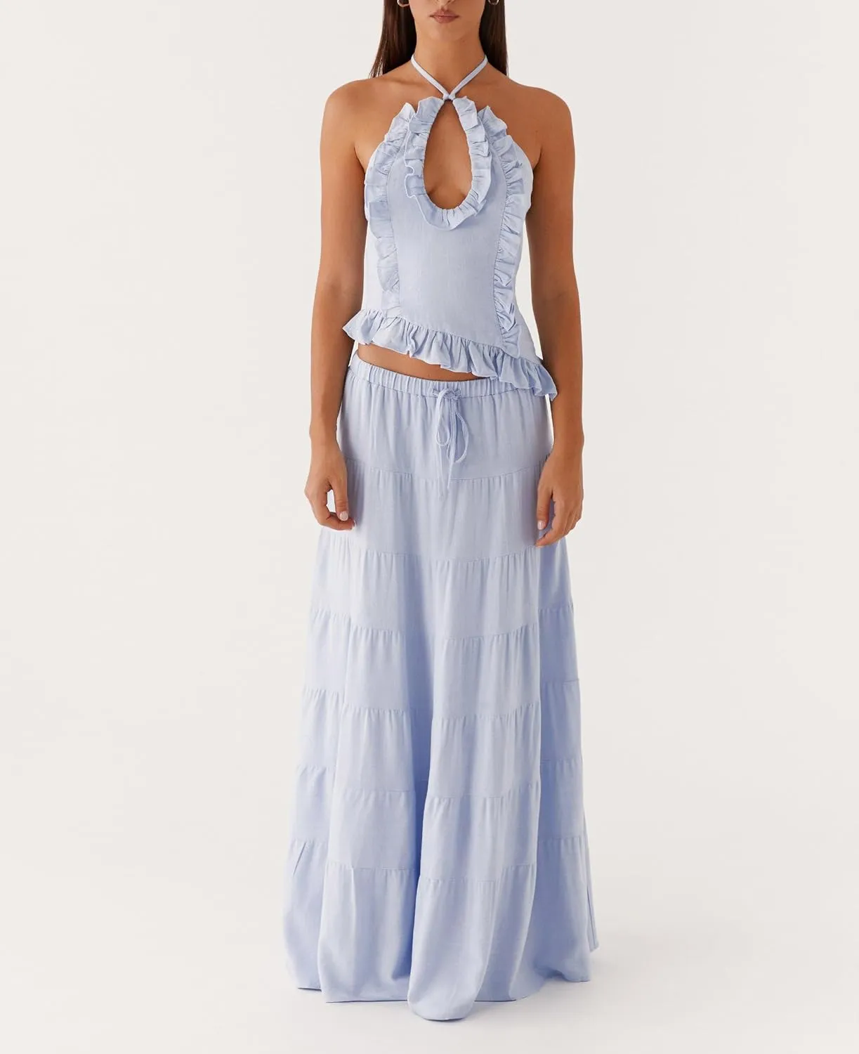 Women Maxi Skirt Set Y2k Sleeveless Backless Halter Top   Drawstring Bodycon Long Skirt Summer 2 Piece Skirt Outfits