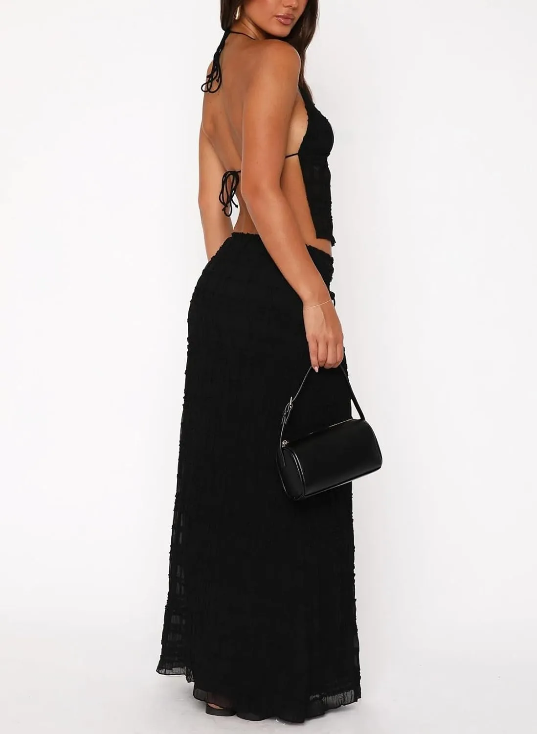 Women Maxi Skirt Set Y2k Sleeveless Backless Halter Top   Drawstring Bodycon Long Skirt Summer 2 Piece Skirt Outfits