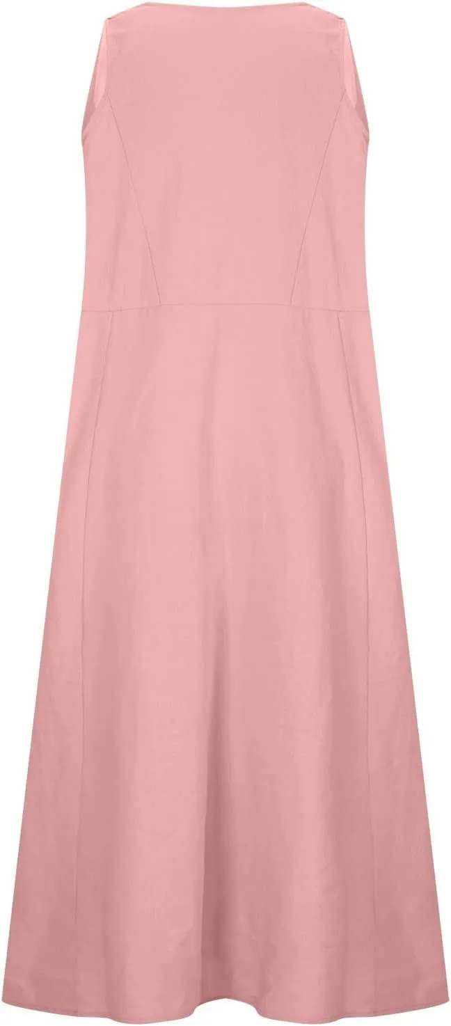 Women Midi Dresses Fashion Beach Sundress Solid Cotton Linen Sleeveless Long Dress Summer Daily Casual Maxi Dress