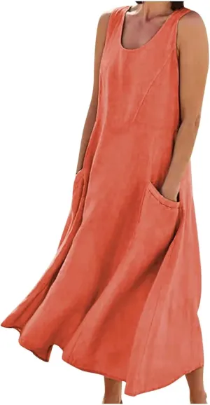 Women Midi Dresses Fashion Beach Sundress Solid Cotton Linen Sleeveless Long Dress Summer Daily Casual Maxi Dress