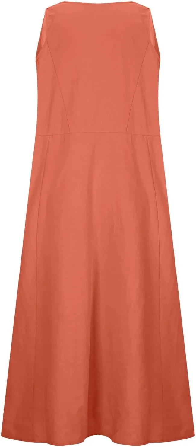 Women Midi Dresses Fashion Beach Sundress Solid Cotton Linen Sleeveless Long Dress Summer Daily Casual Maxi Dress