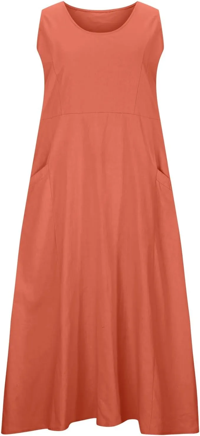 Women Midi Dresses Fashion Beach Sundress Solid Cotton Linen Sleeveless Long Dress Summer Daily Casual Maxi Dress