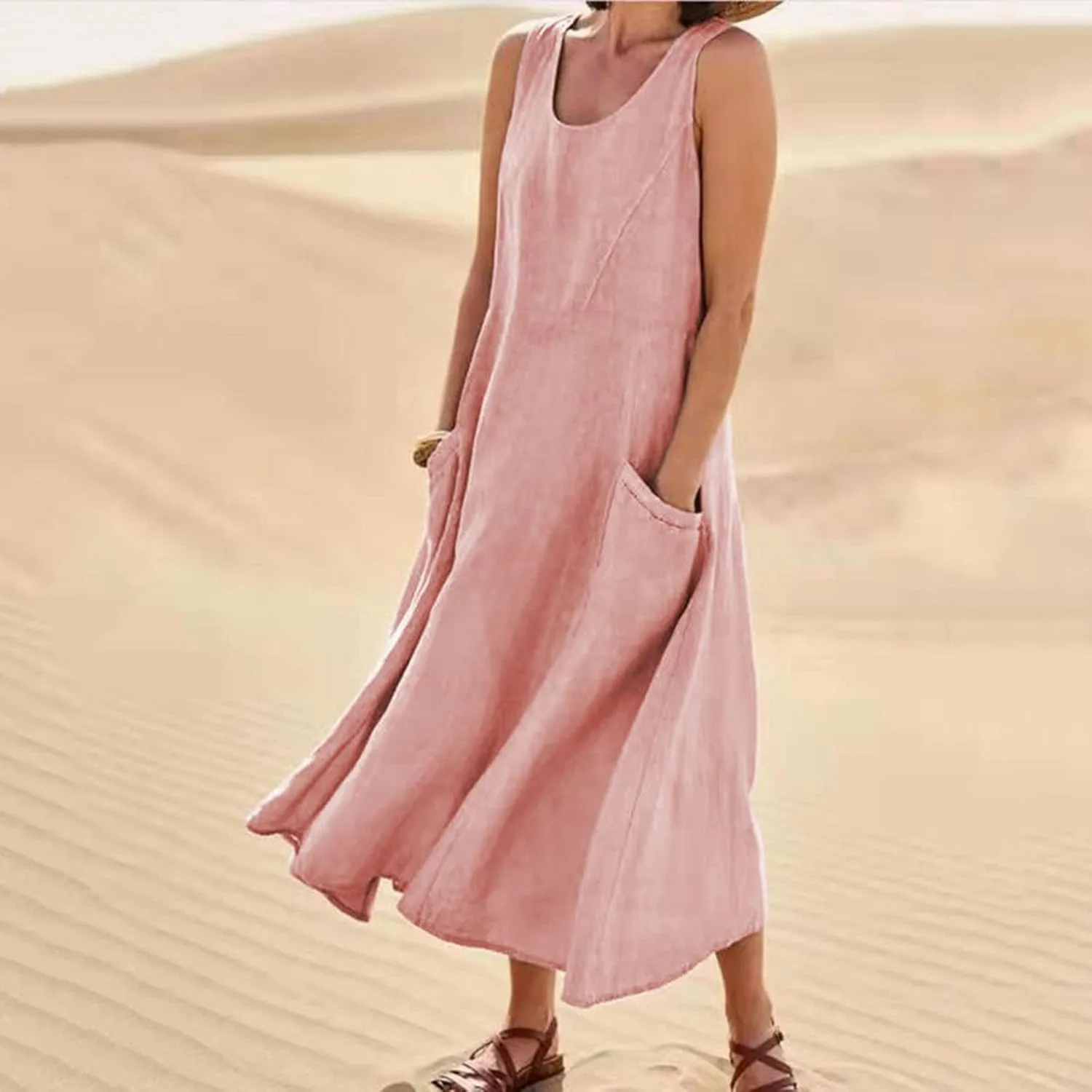 Women Midi Dresses Fashion Beach Sundress Solid Cotton Linen Sleeveless Long Dress Summer Daily Casual Maxi Dress