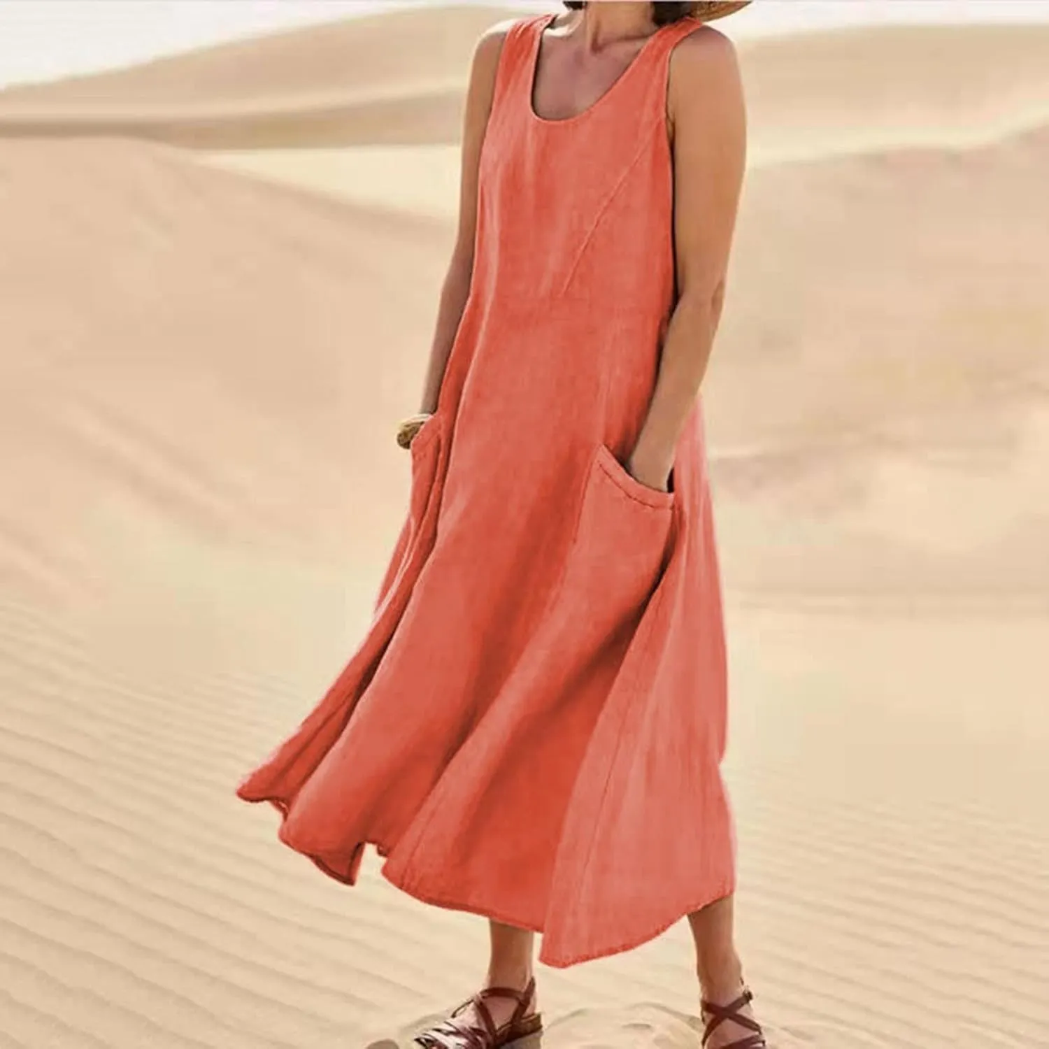 Women Midi Dresses Fashion Beach Sundress Solid Cotton Linen Sleeveless Long Dress Summer Daily Casual Maxi Dress